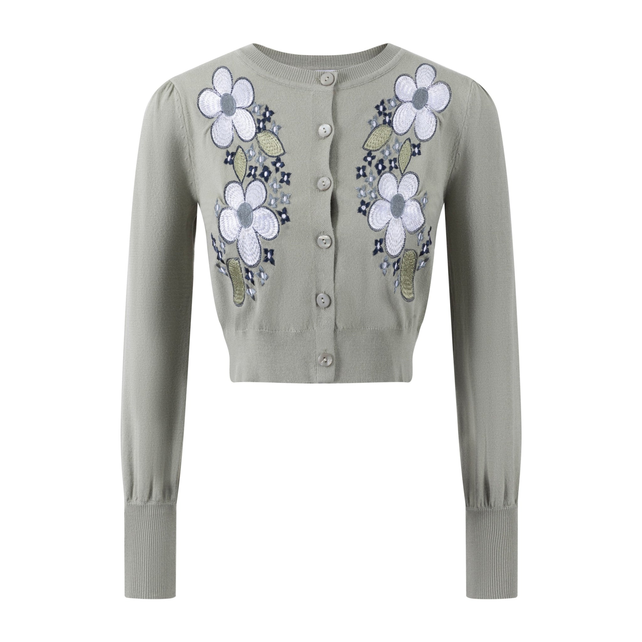 Cardigan With Floral Embroidery - Green