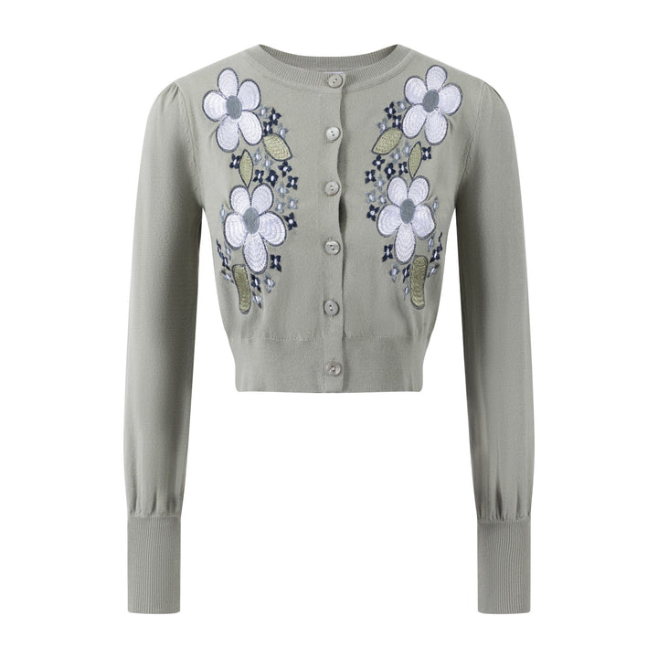 Cardigan With Floral Embroidery - Green