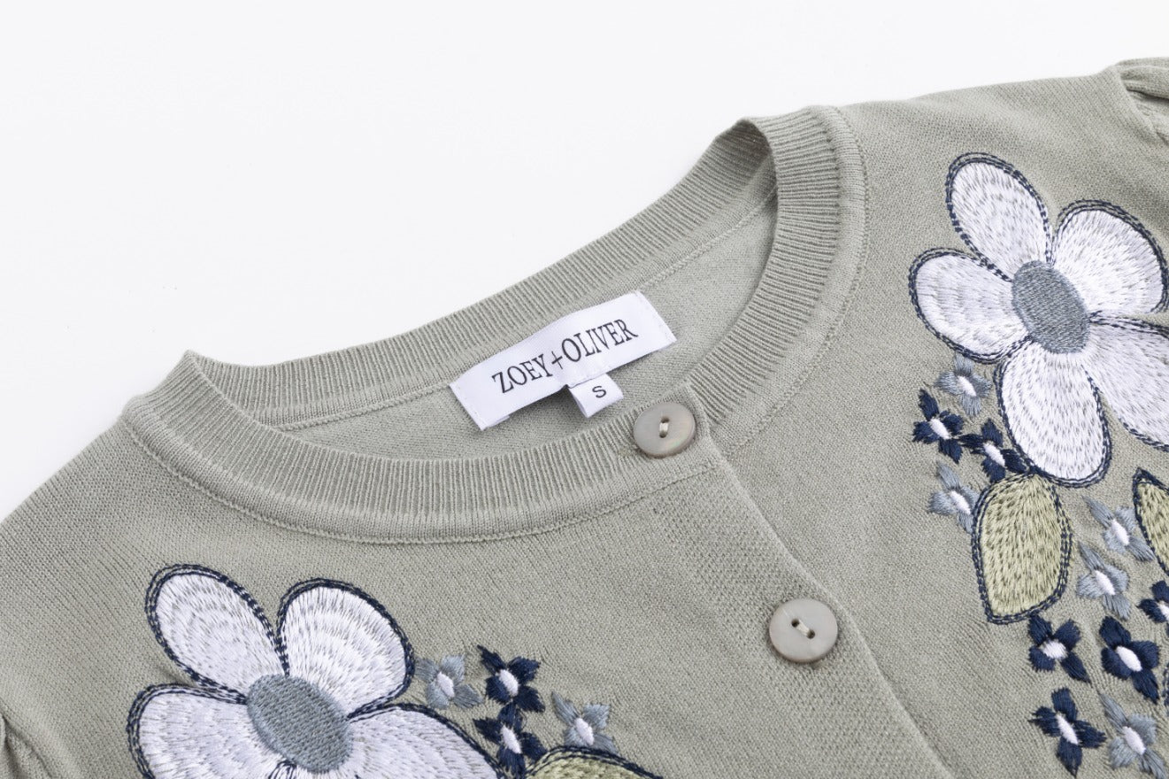 Cardigan With Floral Embroidery - Green