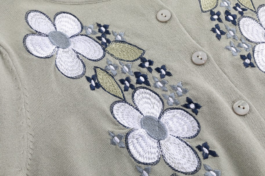 Cardigan With Floral Embroidery - Green