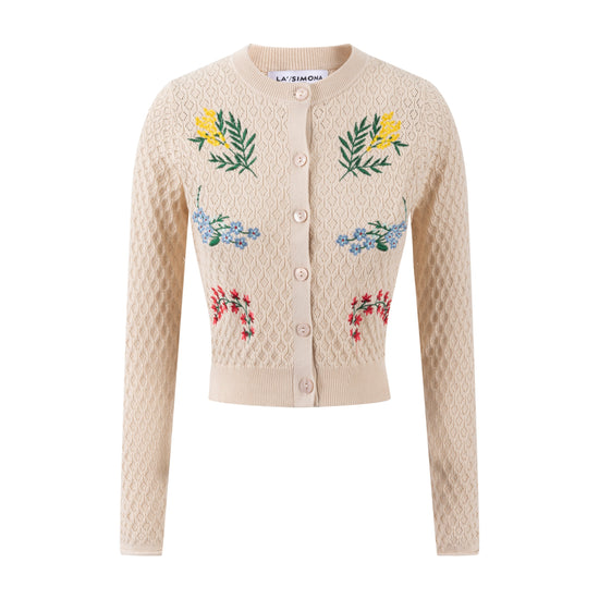 Tan Knit Textured Cardigan With Embroidered Flowers
