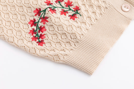Tan Knit Textured Cardigan With Embroidered Flowers