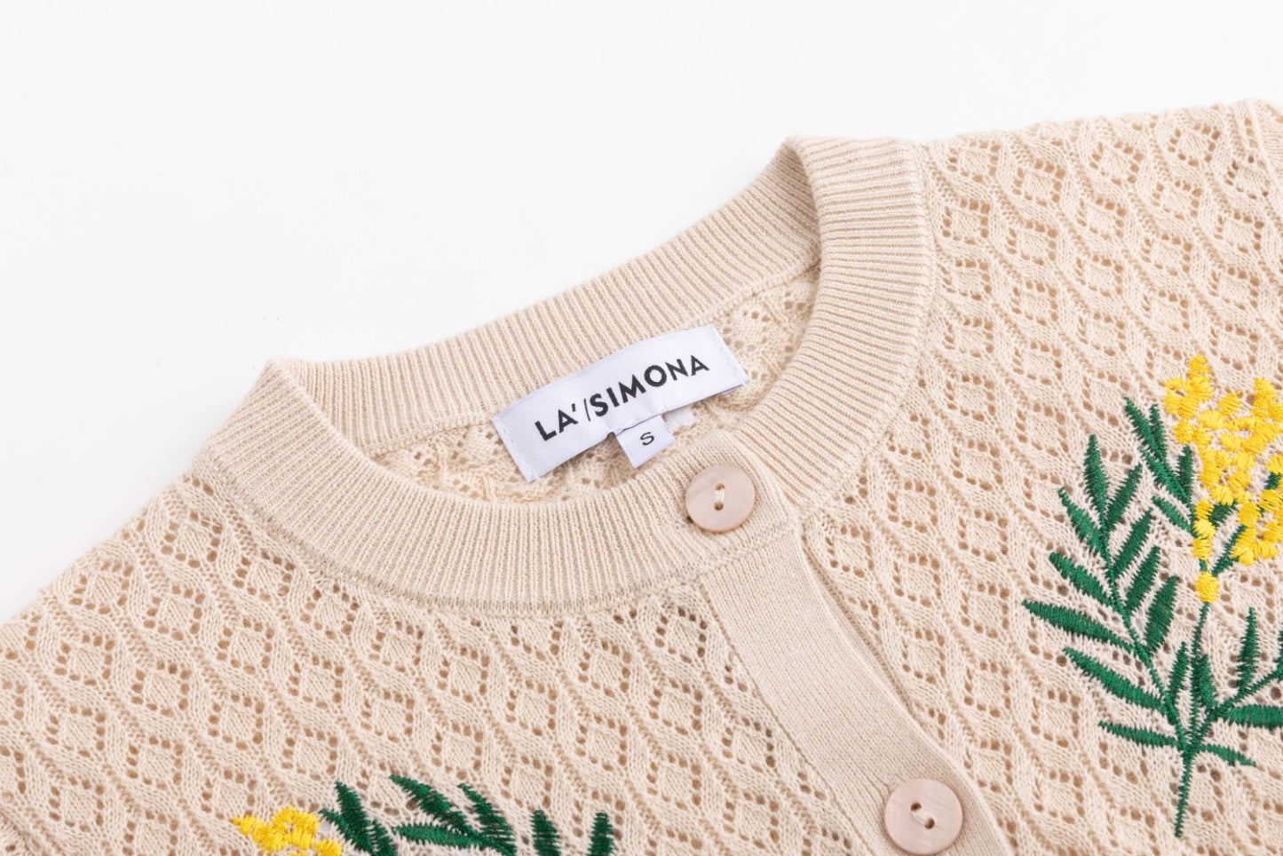 Tan Knit Textured Cardigan With Embroidered Flowers