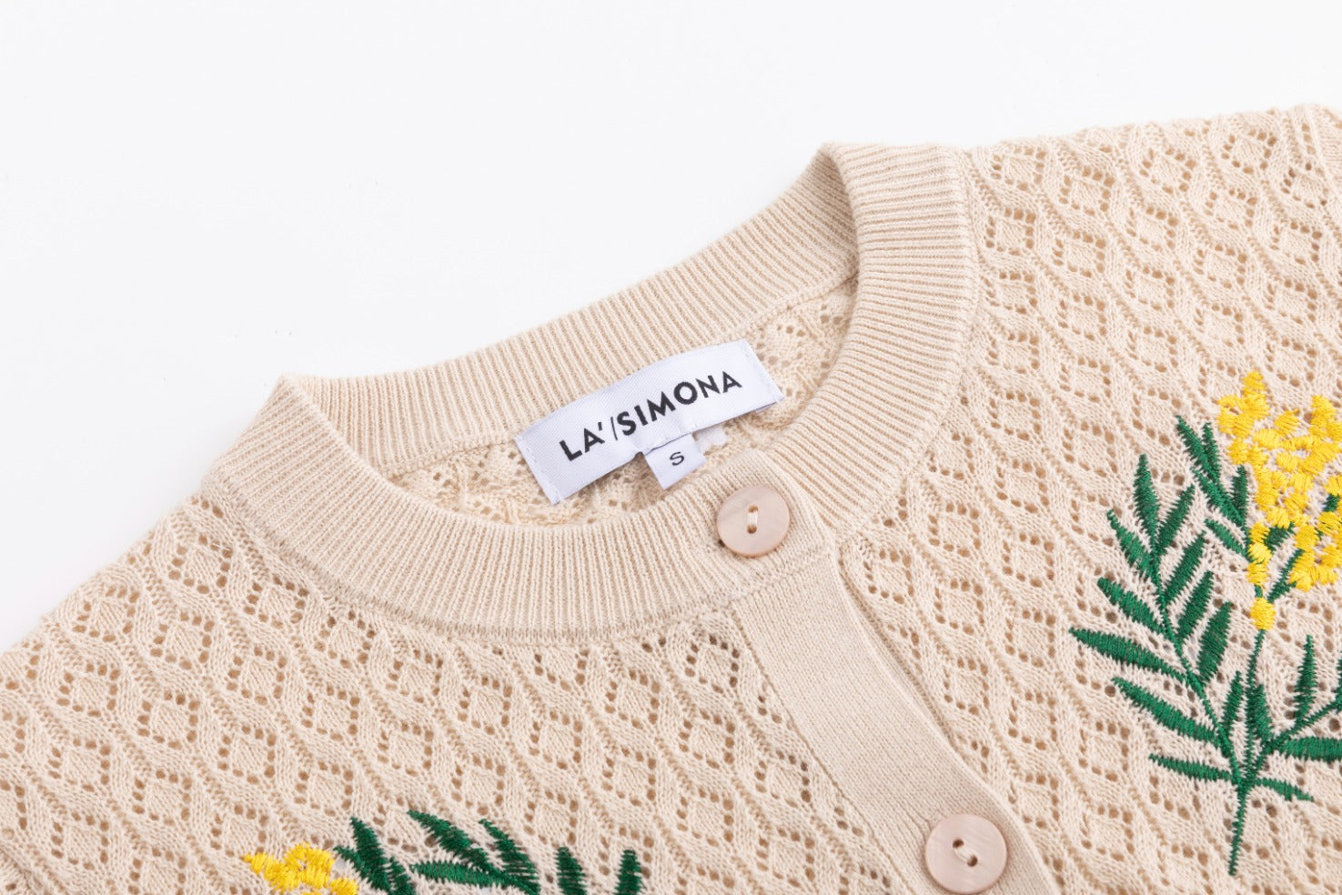 Tan Knit Textured Cardigan With Embroidered Flowers