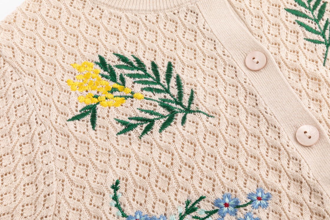 Tan Knit Textured Cardigan With Embroidered Flowers