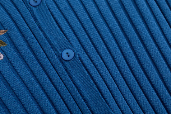 Blue Knit Cardigan With Embroidered Bird