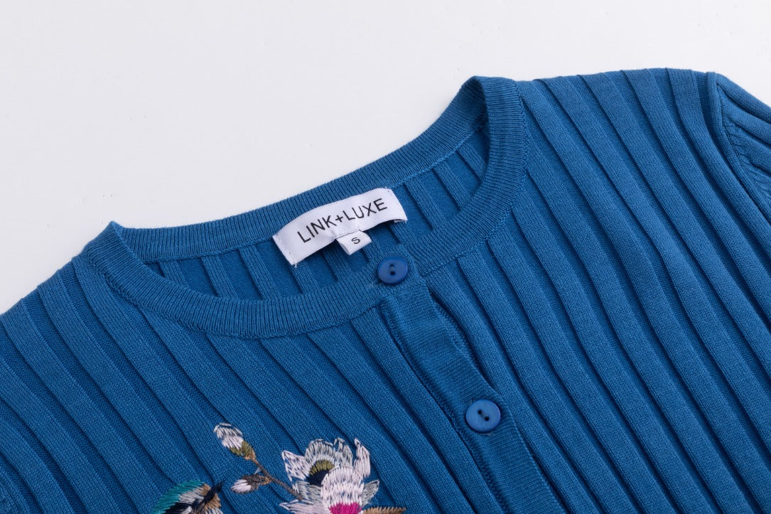 Blue Knit Cardigan With Embroidered Bird