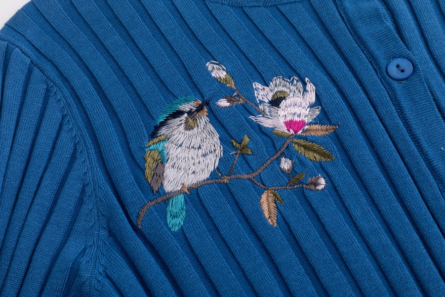 Blue Knit Cardigan With Embroidered Bird