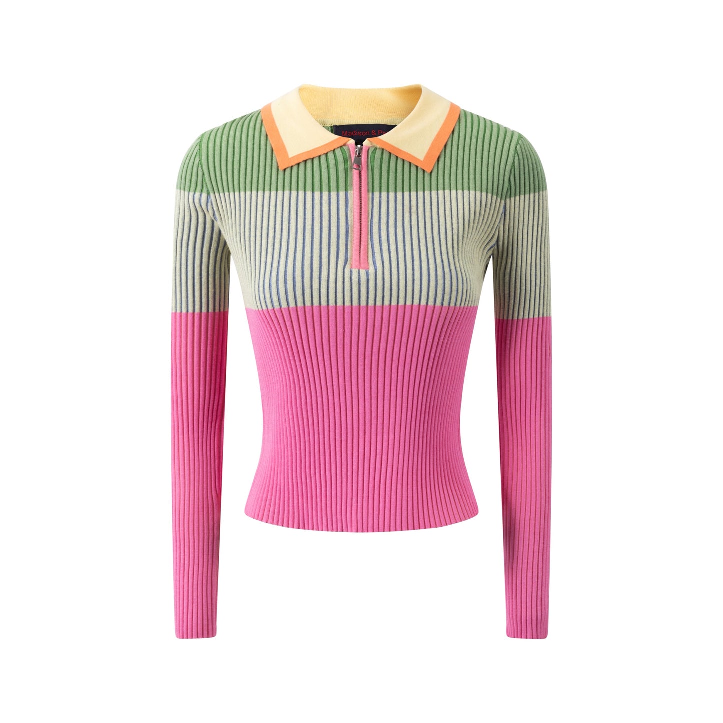 Pink And Green Knit Ribbed Top With Collar