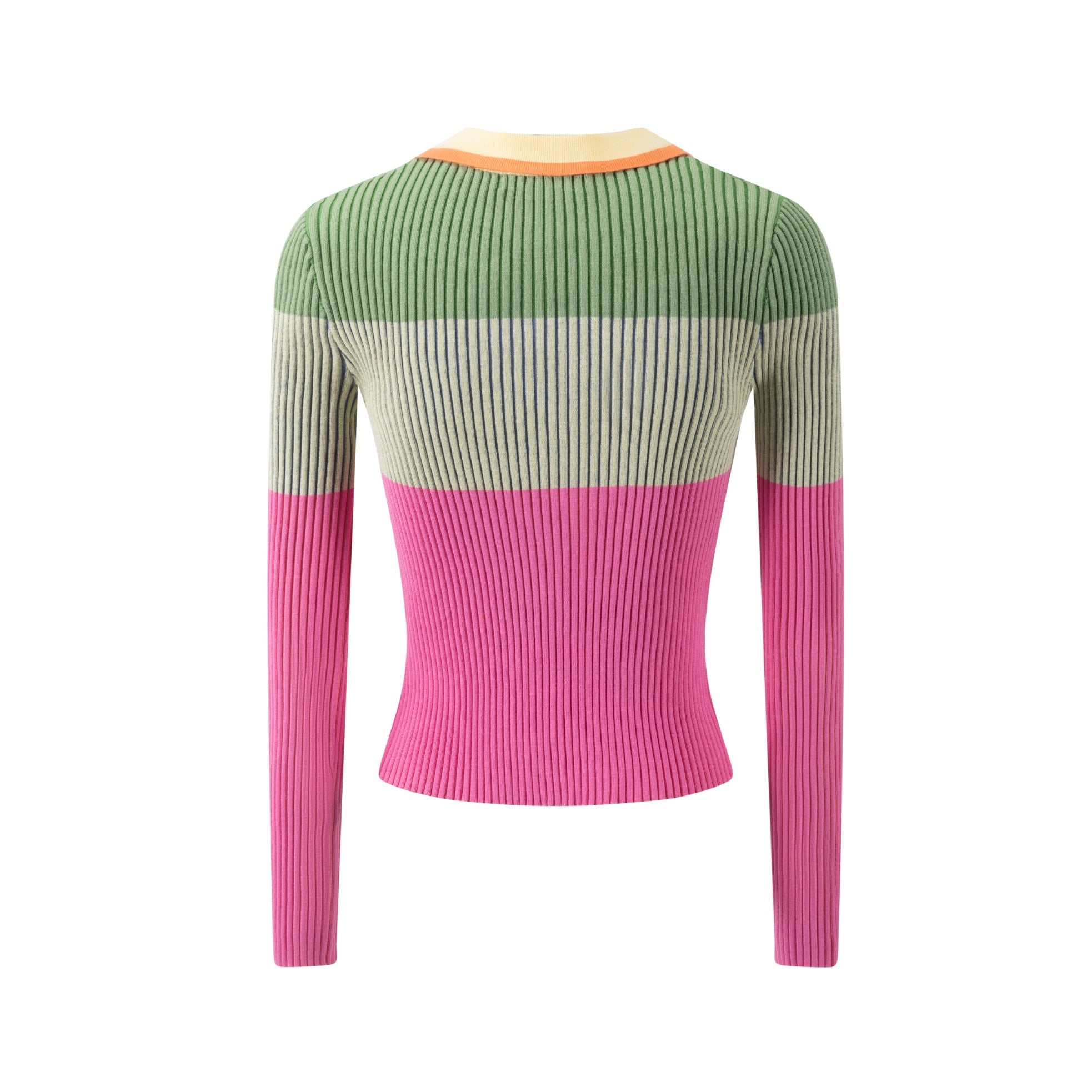 Pink And Green Knit Ribbed Top With Collar