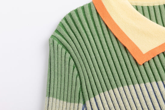 Pink And Green Knit Ribbed Top With Collar