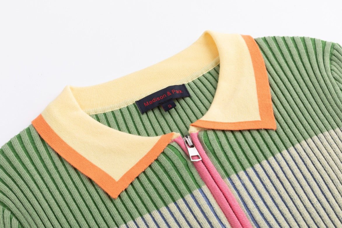 Pink And Green Knit Ribbed Top With Collar