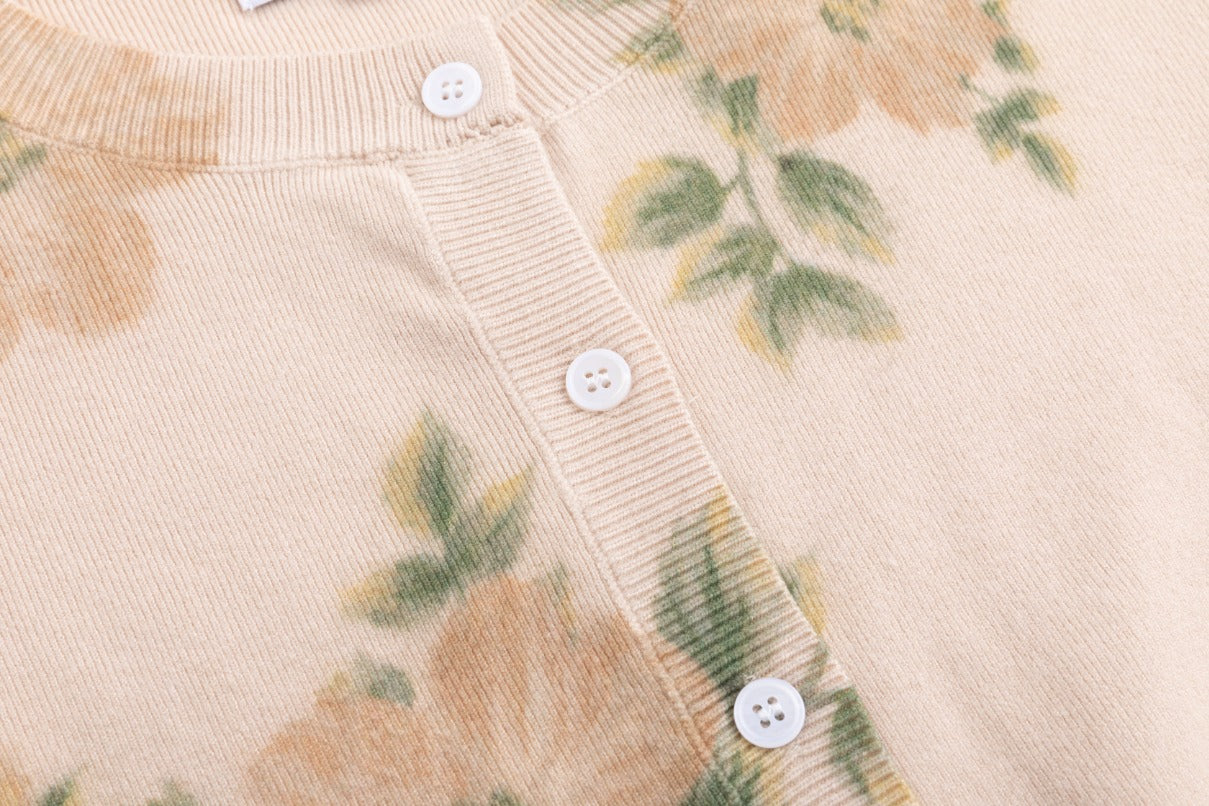 Tan Knit Cardigan With Flowers