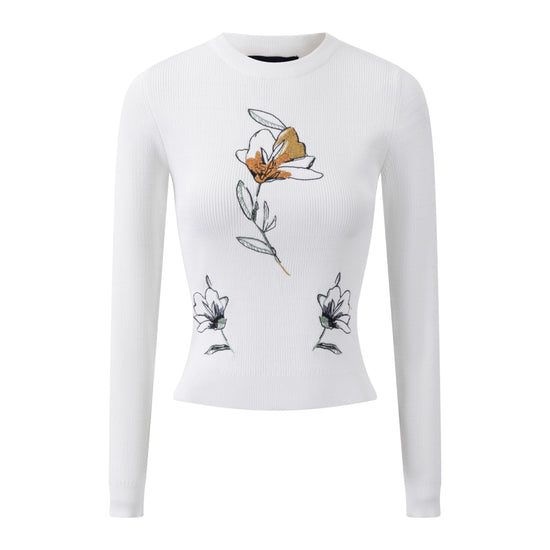 White Detailed Knit Top With Floral Embroidery