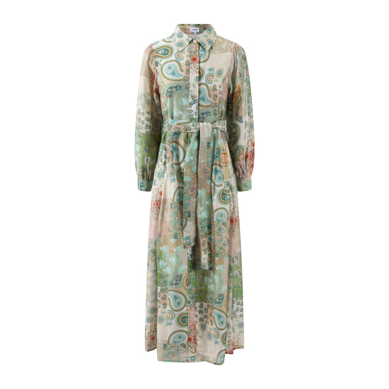 Green Floral Printed Belted Dress