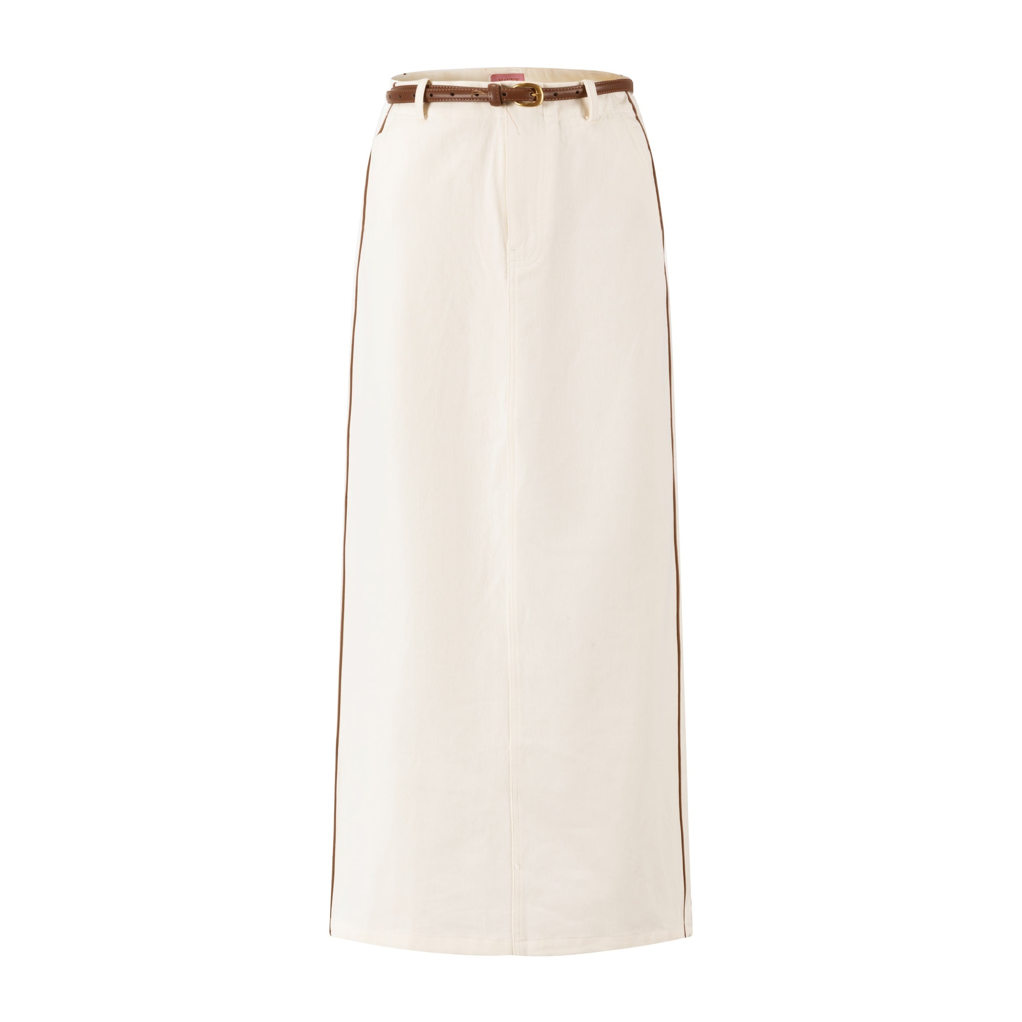 Denim Skirt With Brown Stitching And Belt - Ivory