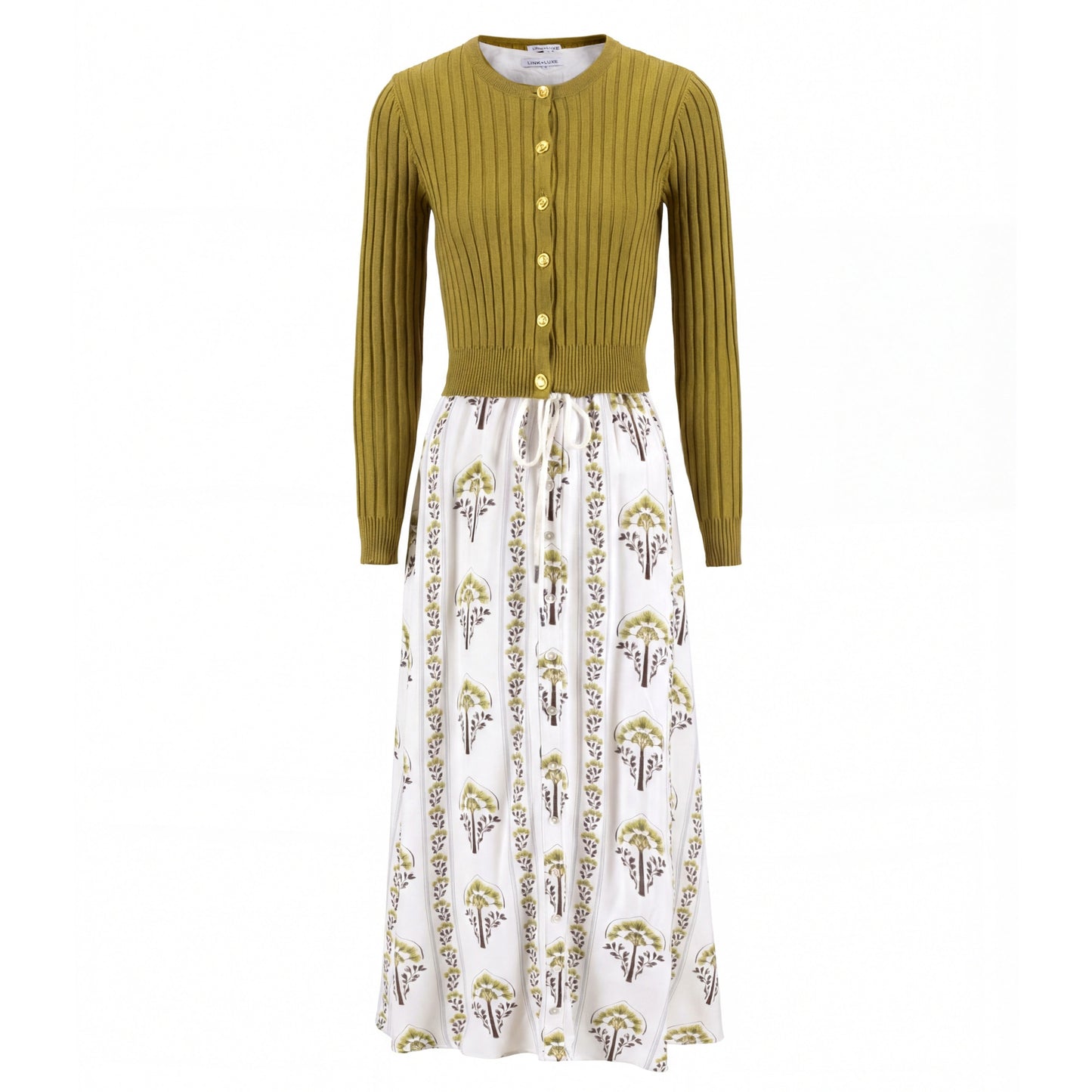 White And Olive Blossom Dress With Olive Cardigan