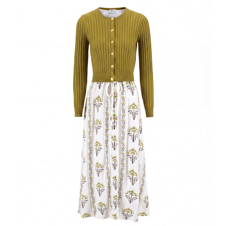 White And Olive Blossom Dress With Olive Cardigan