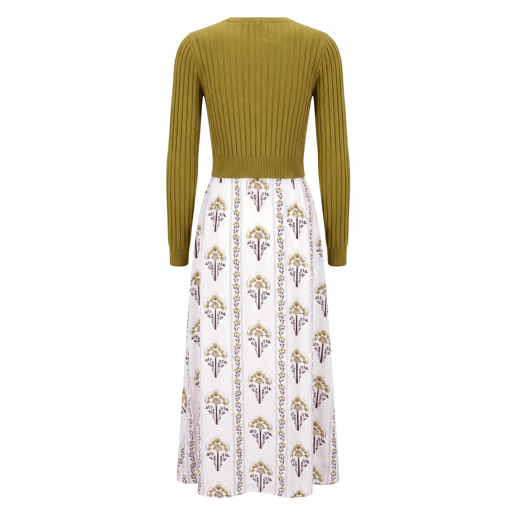 White And Olive Blossom Dress With Olive Cardigan