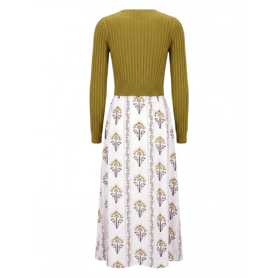 White And Olive Blossom Dress With Olive Cardigan