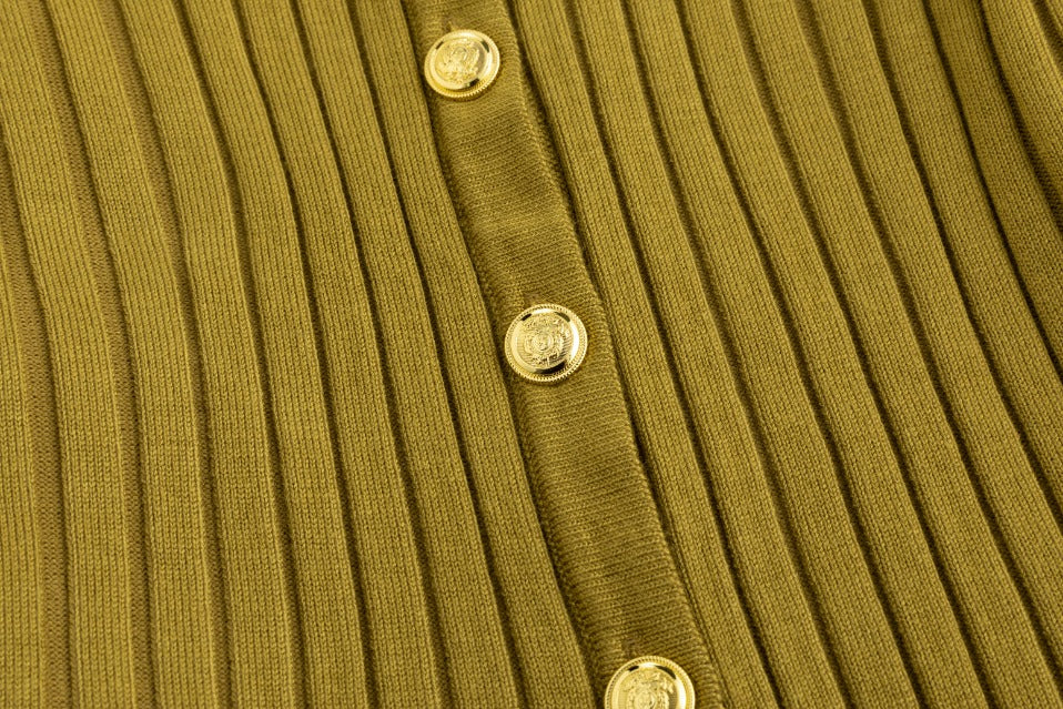 White And Olive Blossom Dress With Olive Cardigan