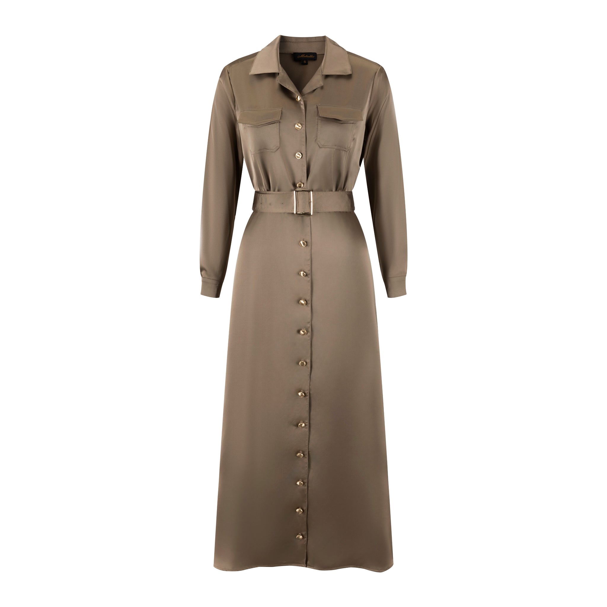 Belted Dress With Gold Buttons - Brown