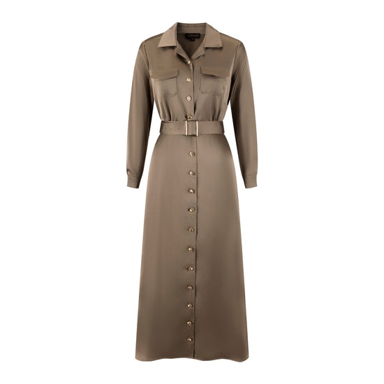 Belted Dress With Gold Buttons - Brown