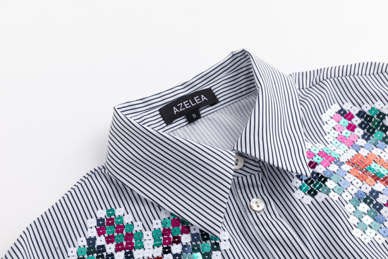Black Striped Blouse With Colorful Beading