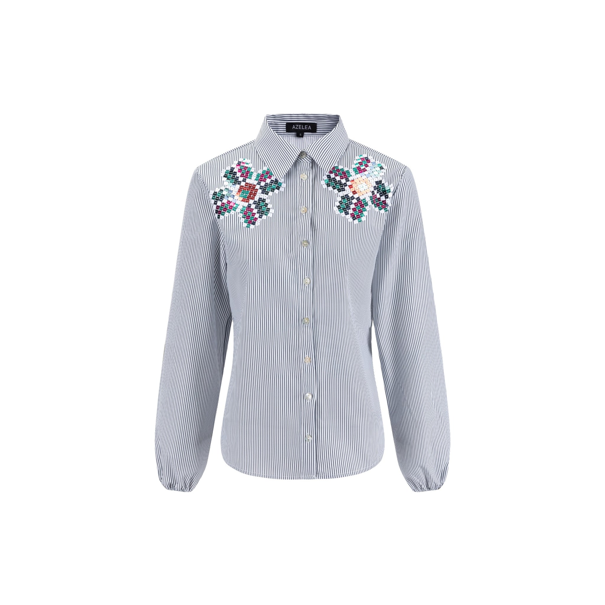 Black Striped Blouse With Colorful Beading