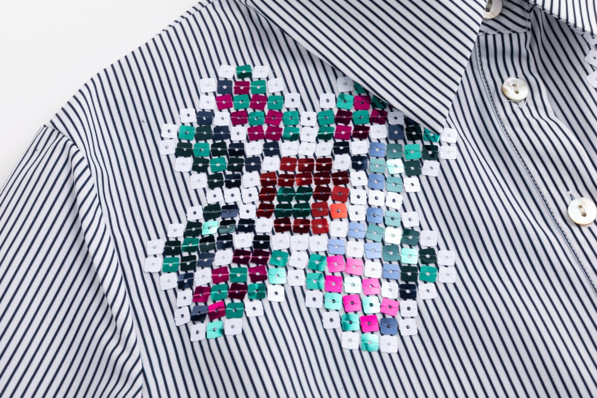 Black Striped Blouse With Colorful Beading
