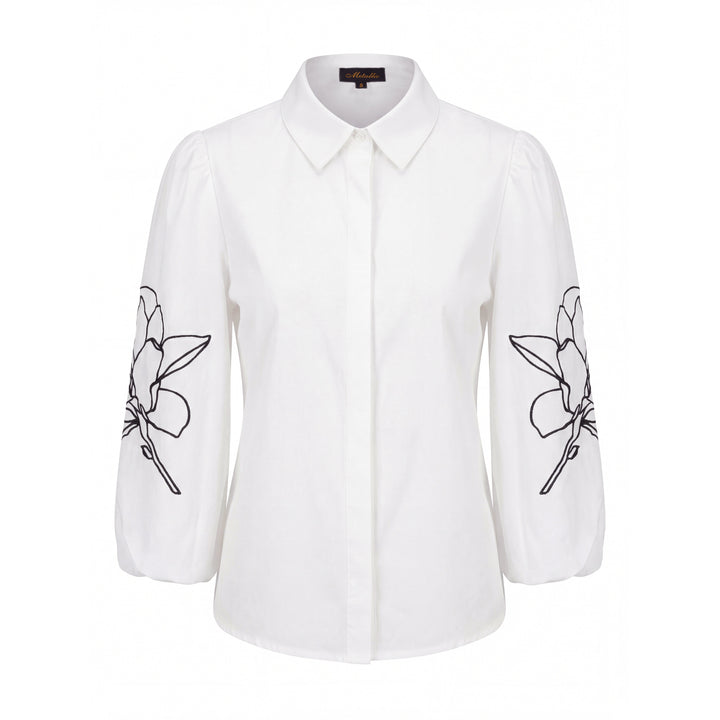 Cotton Blouse With Embroidered Sleeves - Ivory