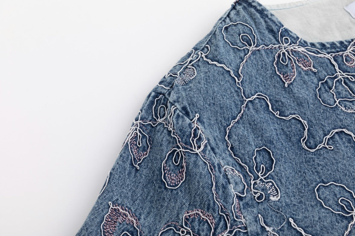 Abstract Embroidery Denim Top