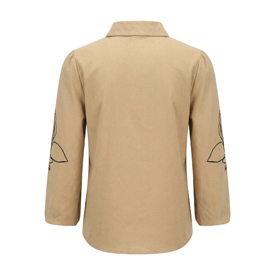 Cotton Blouse With Embroidered Sleeves - Tan