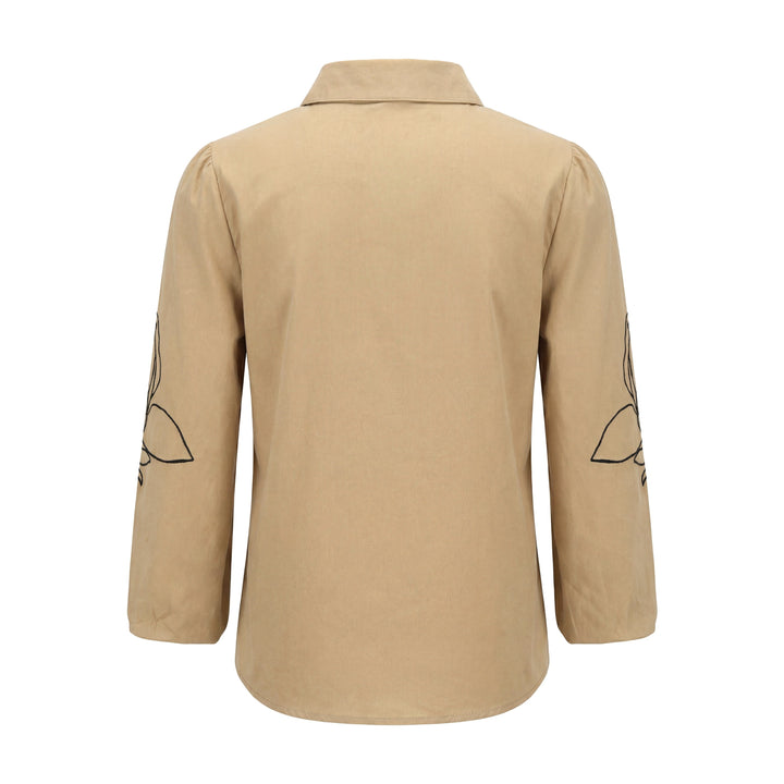 Cotton Blouse With Embroidered Sleeves - Tan