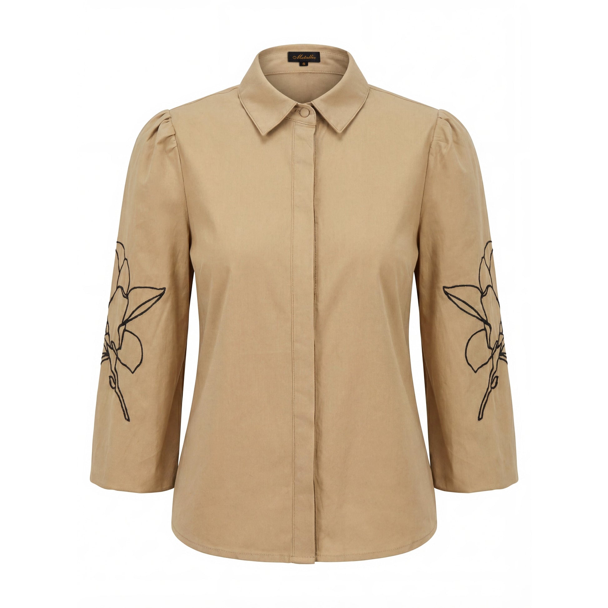 Cotton Blouse With Embroidered Sleeves - Tan