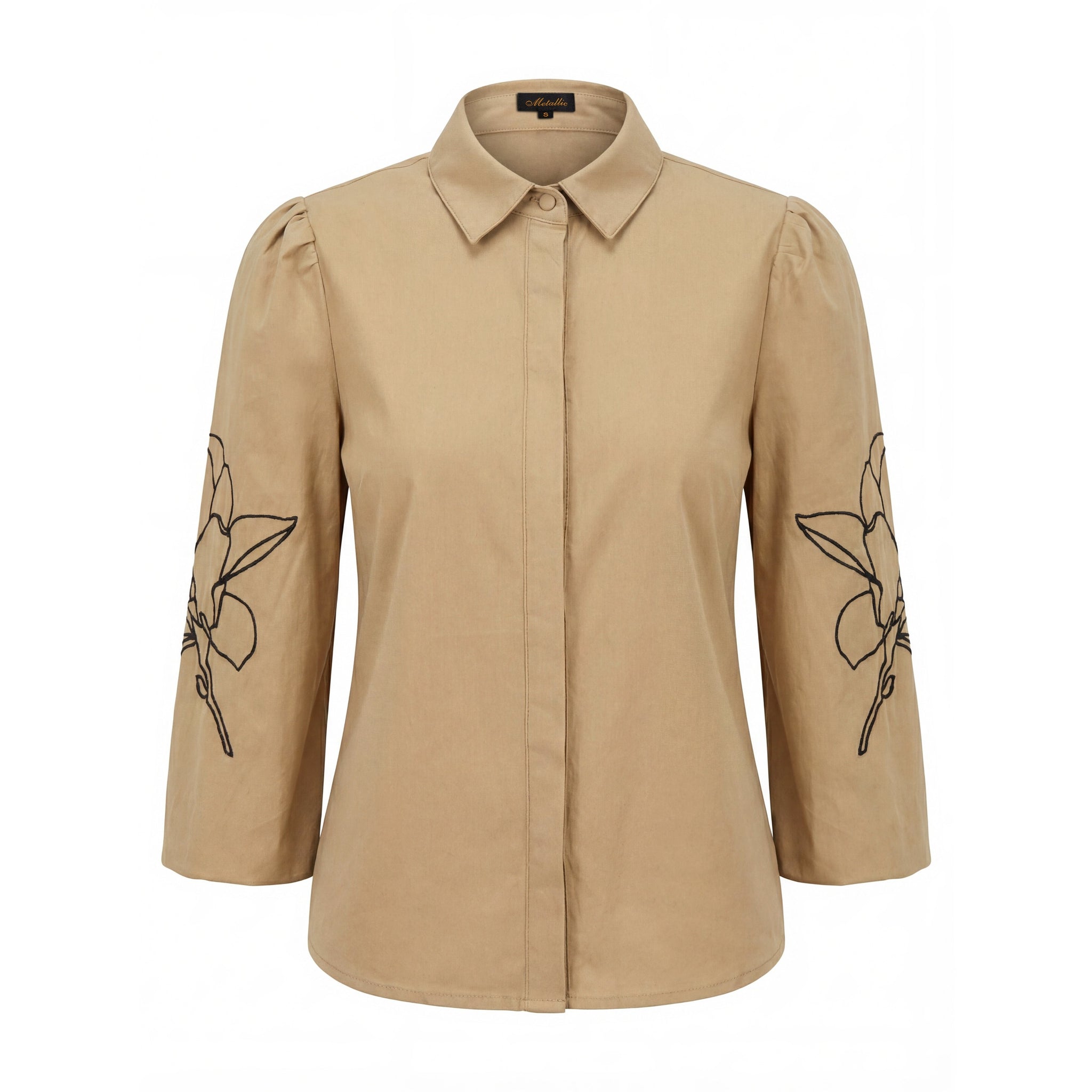 Cotton Blouse With Embroidered Sleeves - Tan