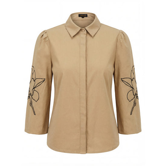 Cotton Blouse With Embroidered Sleeves - Tan