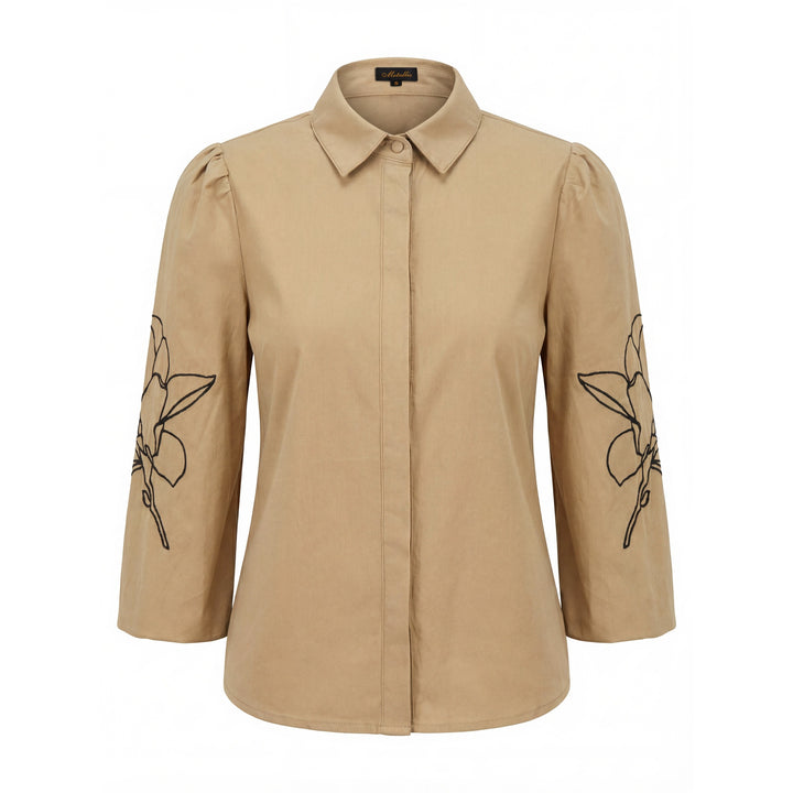 Cotton Blouse With Embroidered Sleeves - Tan