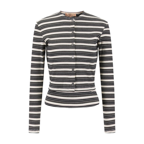 Cropped Ribbed Twin Set- Striped- Black And Cream