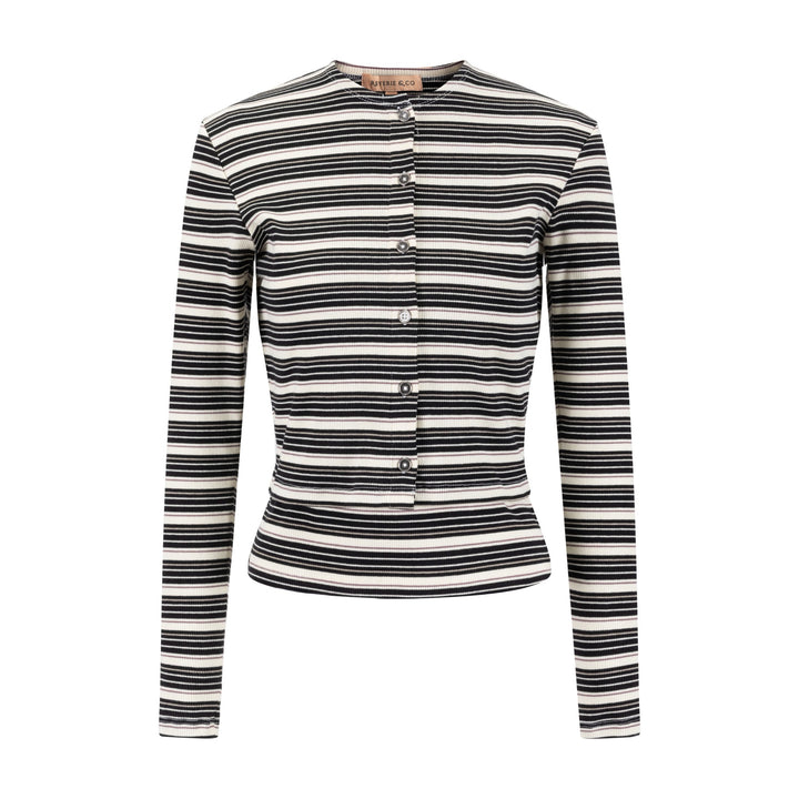 Cropped Ribbed Twin Set- Striped- Black And Cream