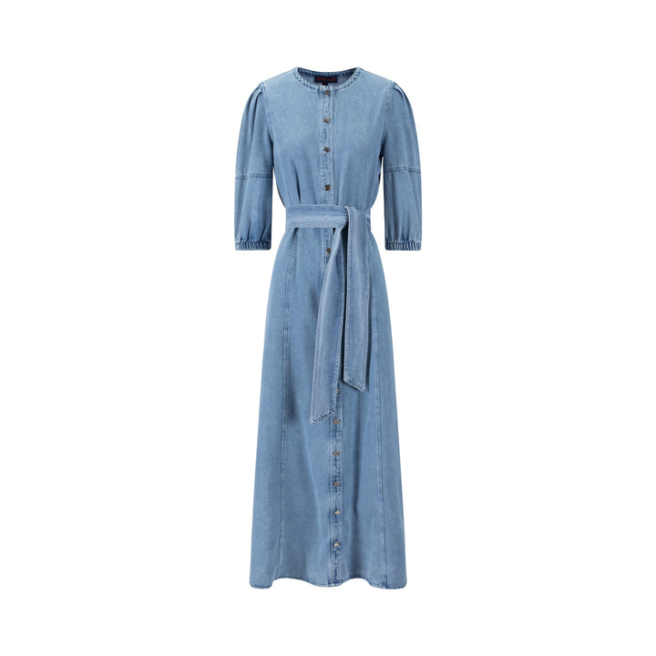 Lantern 3/4 Sleeve Denim Dress - Blue
