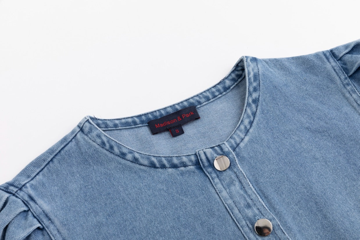 Lantern 3/4 Sleeve Denim Dress - Blue