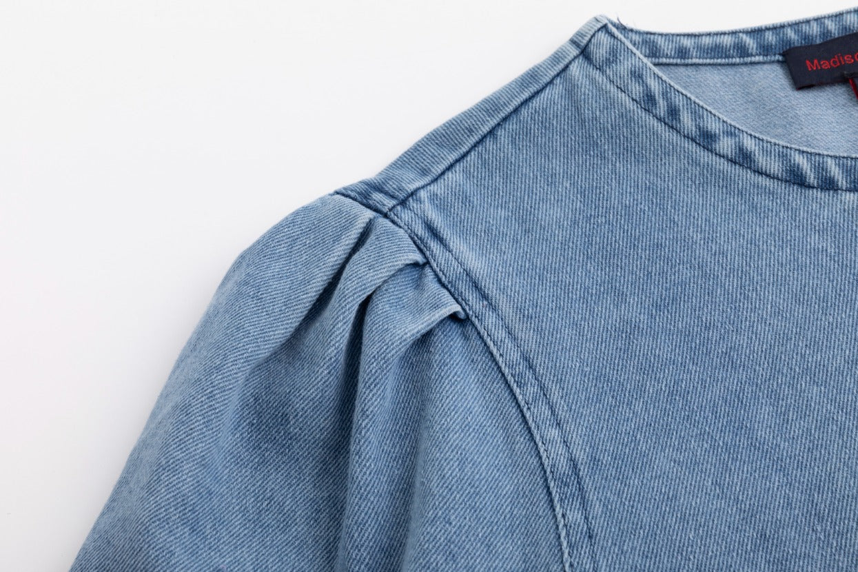 Lantern 3/4 Sleeve Denim Dress - Blue