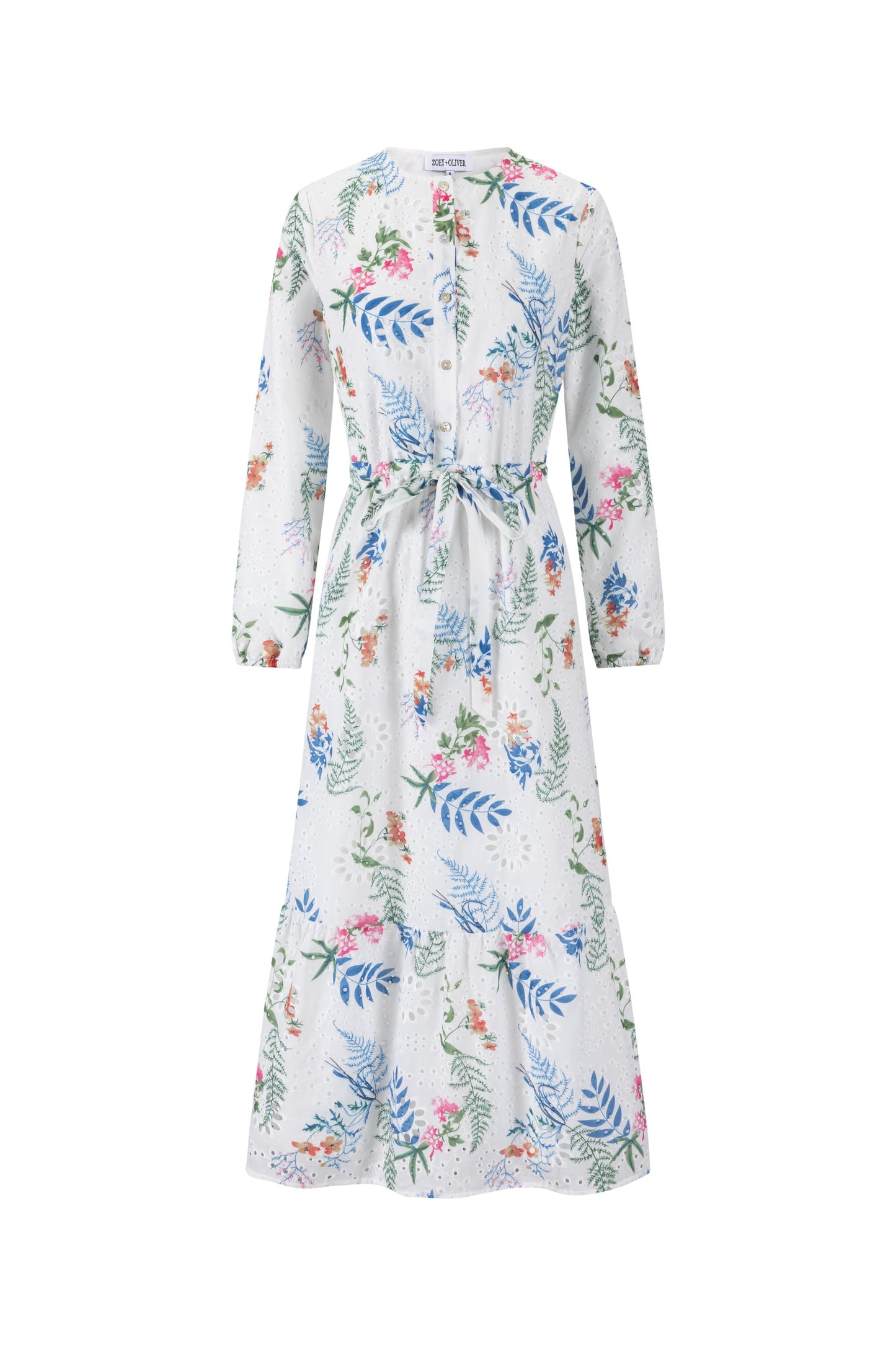 Eyelet White Dress With Blue Floral Print