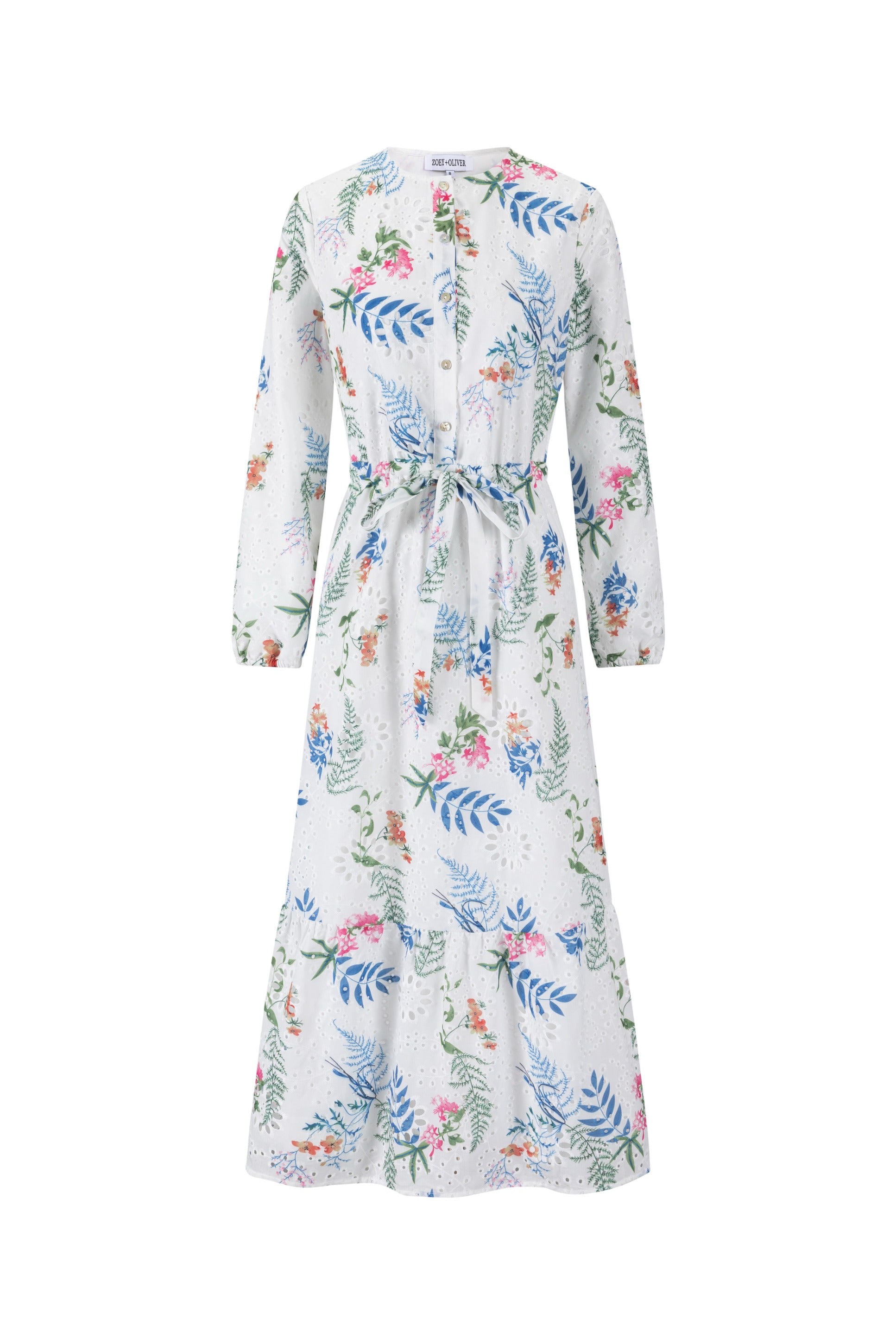 Eyelet White Dress With Blue Floral Print