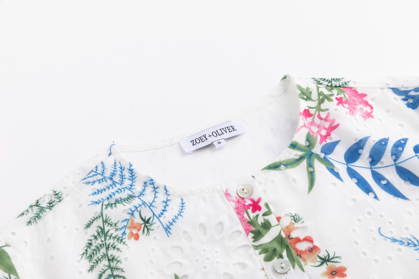 Eyelet White Dress With Blue Floral Print