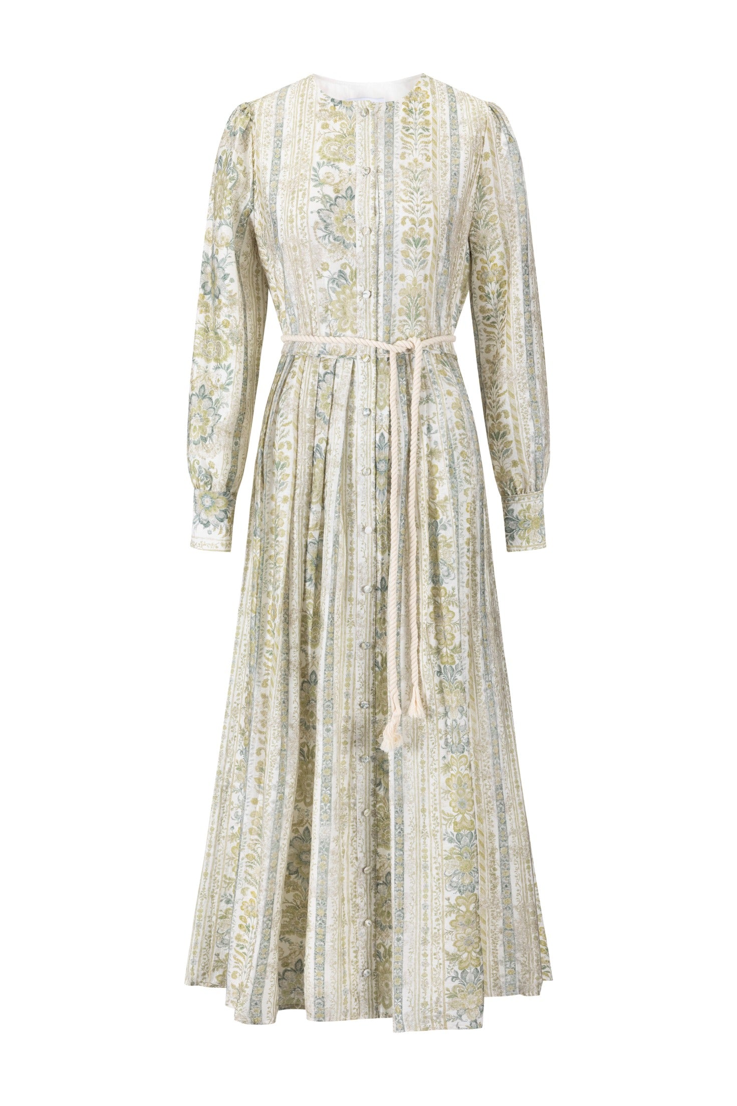 Ivory And Green Printed Floral Dress