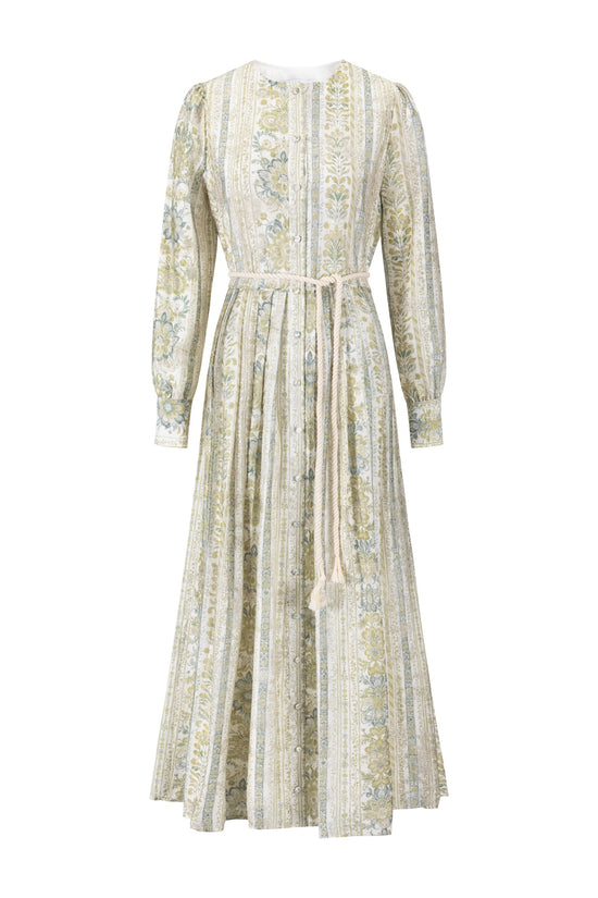 Ivory And Green Printed Floral Dress