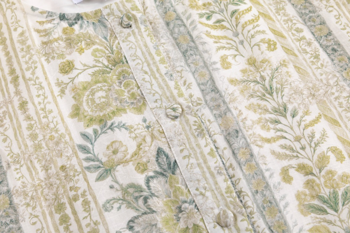 Ivory And Green Printed Floral Dress