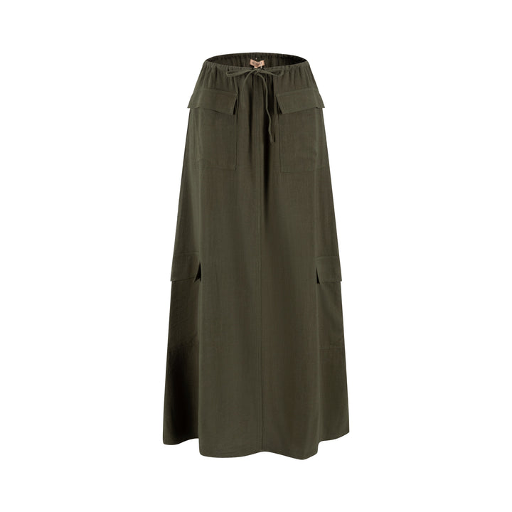 Linen Drawstring Pocket Skirt - Green Moss